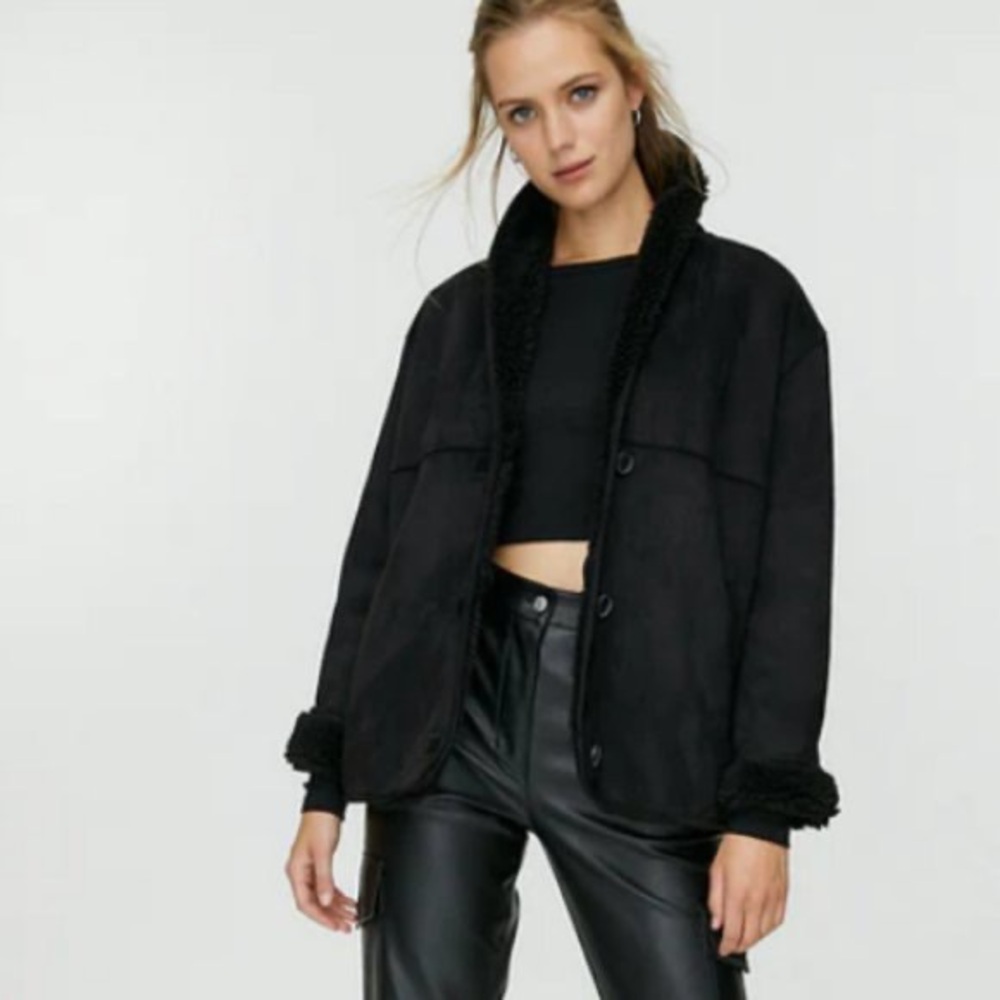 ARITZIA Wilfred Free Deanna Stallion Sherpa Jacket Button-Up Coat Black Sz S - Picture 10 of 15